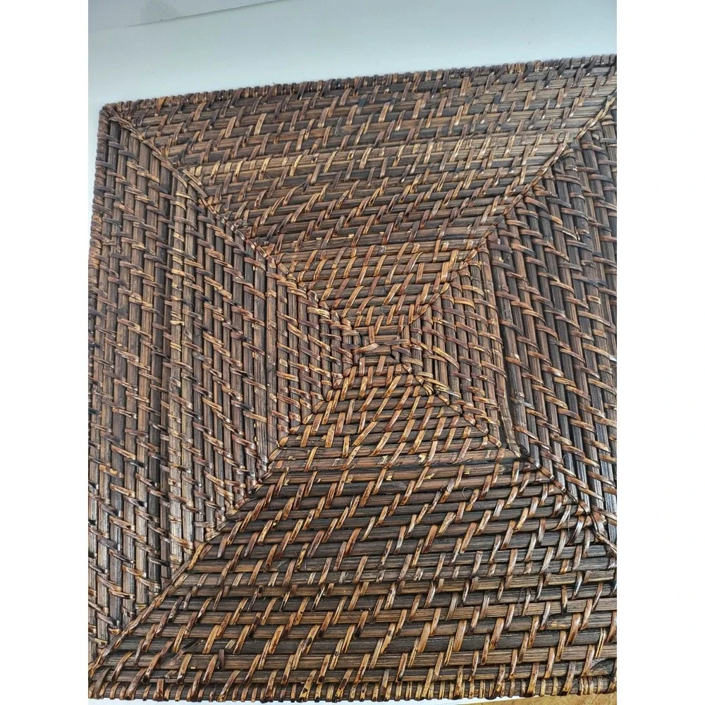 Set of 6 Vintage Woven Rattan Charger Plates 13in Square Dark Brown Wicker Boho